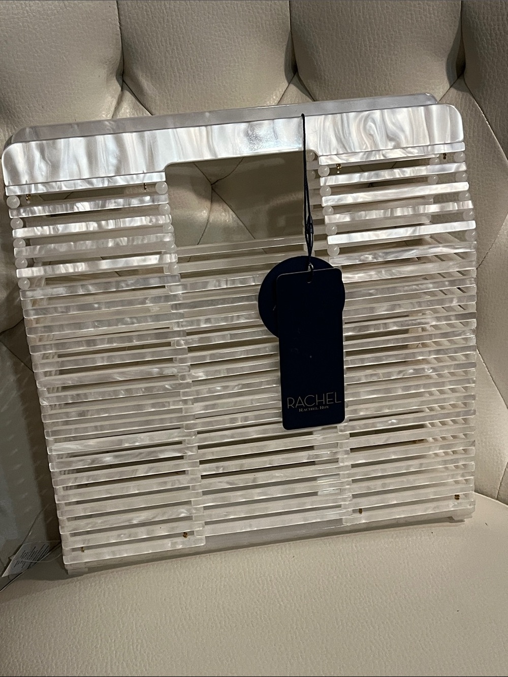 Rachel Roy Pearl White Slatted Acrylic Wall Panel Satchel Bag Eye Catching